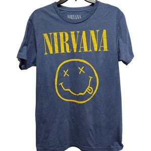 Nirvana Smiley Face T Shirt Medium Blue Grunge Band Tee Graphic Rock